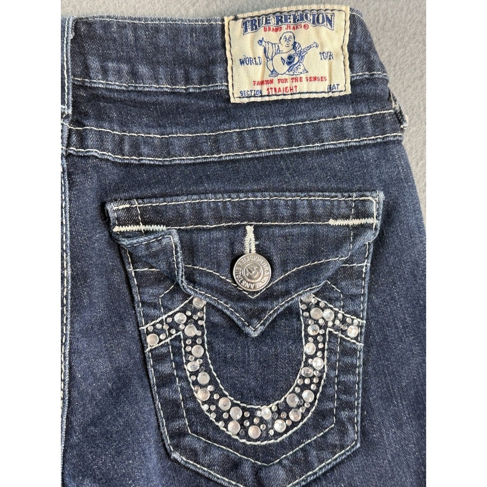 True Religion Straight Jeans Womens 26 Dark Wash Blue Low Rise Rhinestone Flap